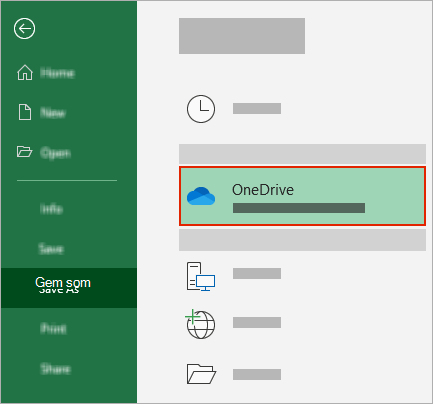 Dialogboksen Gem som i Office, der viser OneDrive-mappen