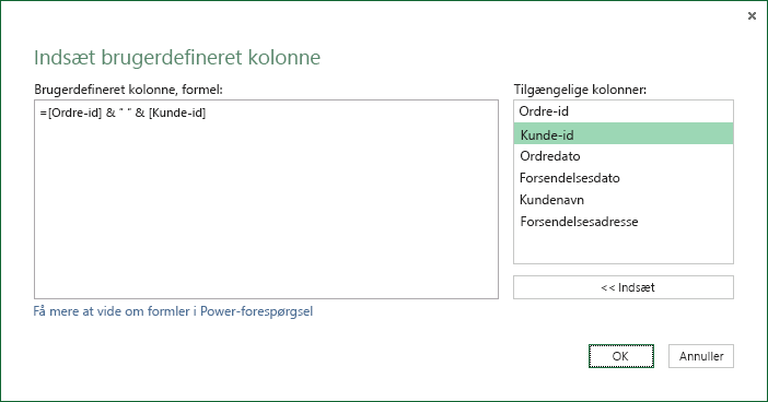 Angive en brugerdefineret kolonneformel til at flette kolonneværdier