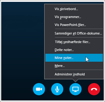 Skærmbillede af hvordan man deler OneNote 2016-noter i Skype for Business.