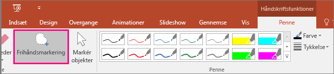 Viser knappen Frihåndsmarkering under Håndskriftsfunktioner
