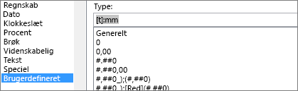 Dialogboksen Formatér celler, brugerdefineret kommando, [h]:mm-type