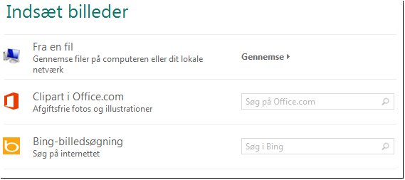 Dialogboksen Indsæt billede i Publisher 2013
