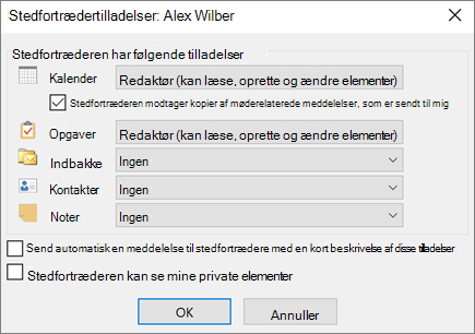 Stedfortrædertilladelser i Outlook