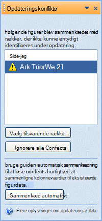 Opdateringskonfliktvindue med profiler, der ikke kan forbindes på grund af et problem med den entydige identifikator.