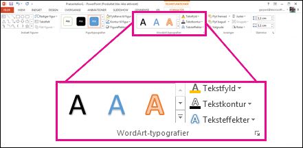 Kommandoer til WordArt-typografier på båndet