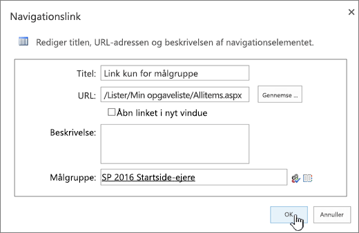 Egenskaber for navigationslink med OK fremhævet.