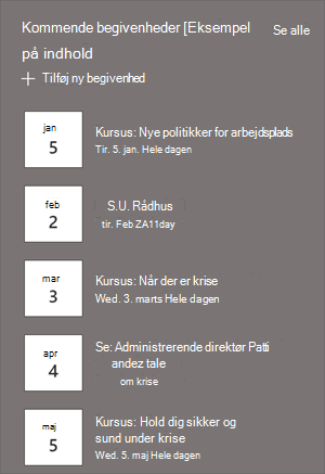 Webdelen Begivenheder med begivenhedsoversigter og datoer.