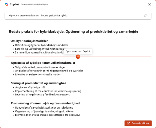 Skærmbillede af funktionen Tilføj mere med Copilot-funktionen i PowerPoint Copilot.