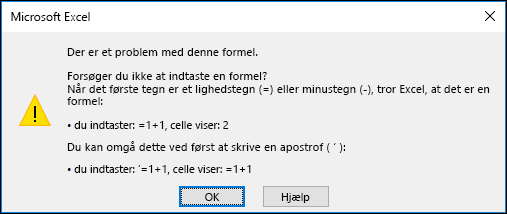 Billede af dialogboksen "Problem med denne formel" i Excel