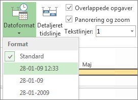 Knap og menu for Datoformat under tidslinjen i Project