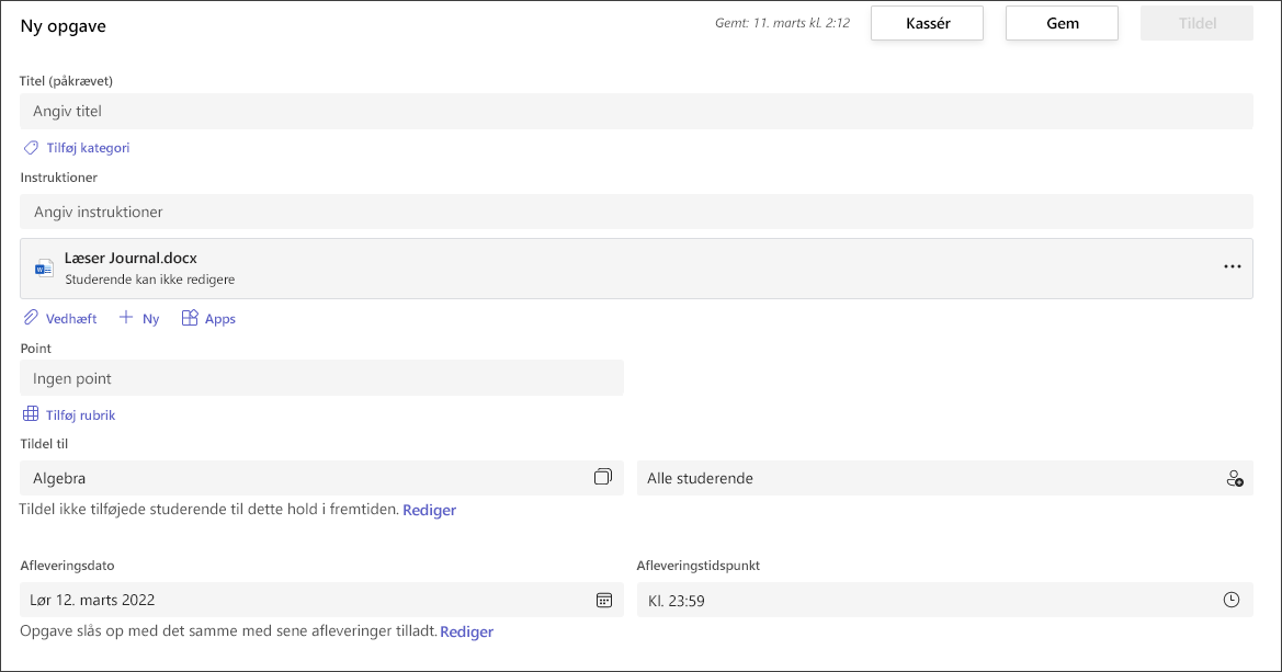 Side til oprettelse af ny opgave