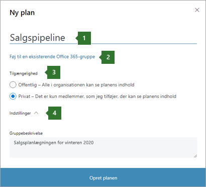 Skærmbillede af dialogboksen Planner Ny plan, der viser billedforklaringer for 1 navn indtastet "Salgspipeline", 2 indstilling til "Føj til en eksisterende Office 365 gruppe", 3 indstillinger for beskyttelse af personlige oplysninger og rullemenuen 4 indstillinger.