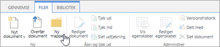 Billede af båndet Filer i SharePoint med Ny mappe fremhævet.