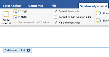 Sidehovedområdet på et dokument vises