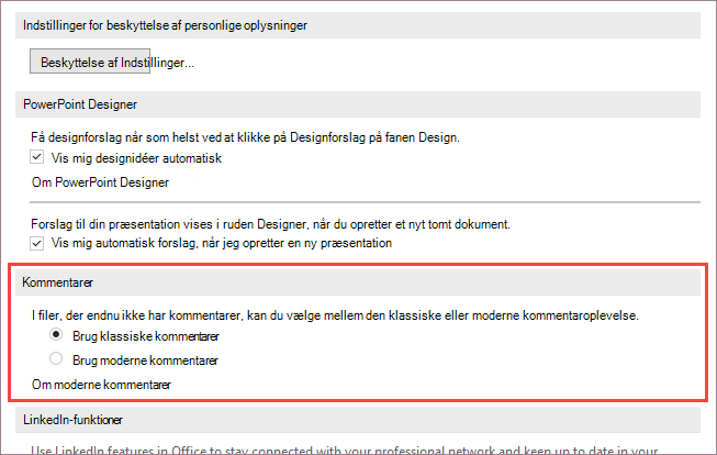 Indstillinger for moderne kommentarer