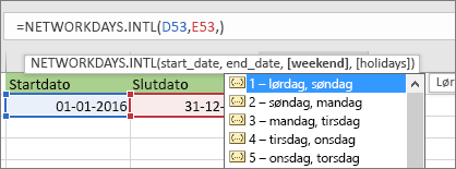 Intellisense-liste, der viser 2 – søndag, mandag; 3 – mandag, tirsdag osv.