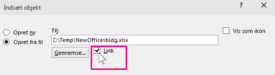 vælge link til at indsætte en fil i PowerPoint