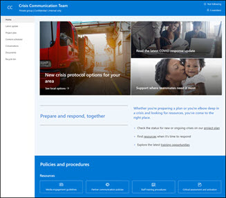Eksempel på SharePoint-webstedsskabelonen krisekommunikationsteam.