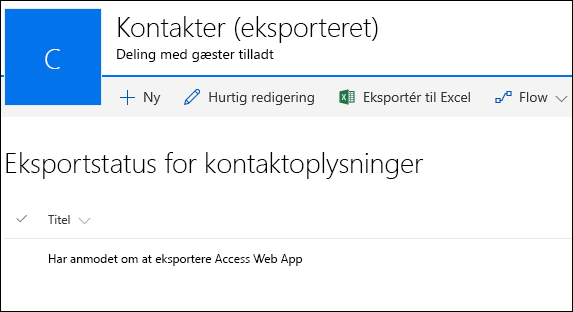 SharePoint-liste med posttitel har anmodet om at eksportere Access-webapp