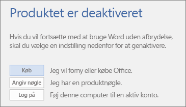 Skærmbillede der viser fejlmeddelelsen Produktet er deaktiveret