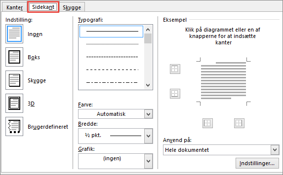 Word 2010-fanen Sidekant i dialogboksen Kanter og skygge