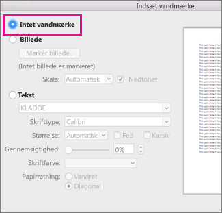 Intet vandmærke er markeret i dialogboksen Indsæt vandmærke