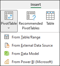 Indsæt rulleliste til pivottabel, der viser indstillingen "Power BI".