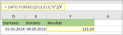 =(DATO.FORSKEL(D13,E13,"d")/7) og resultatet: 122,29