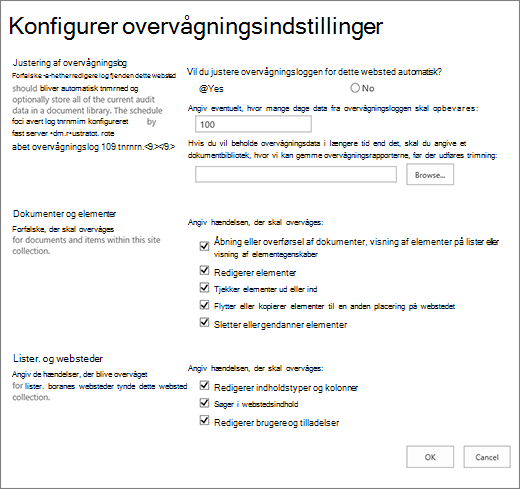 Konfigurere indstillinger for overvågning i dialogboksen Indstillinger for websted