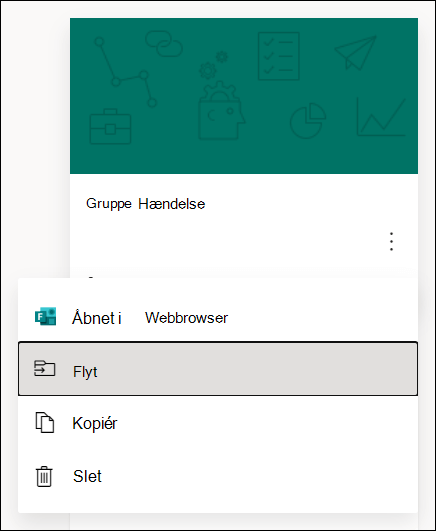 Indstillinger til at åbne en formular i en browser, flytte en formular, kopiere en formular eller slette en formular til Microsoft Forms