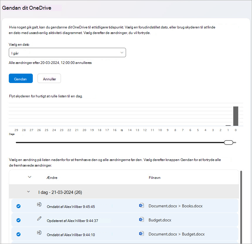 Gendan dine OneDrive-filaktiviteter.