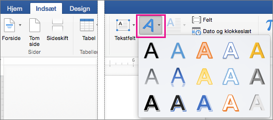 Fanen Indsæt med WordArt-indstillingen fremhævet.