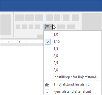 Indstillinger til ændring af linjeafstand i Word