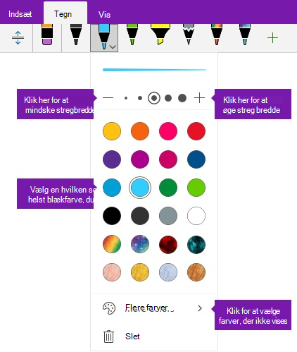 Håndskrevet streg bredde og farve indstillinger i OneNote til Windows 10