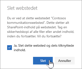 Hvis du er sikker på, at du vil slette webstedet, skal du klikke på Slet