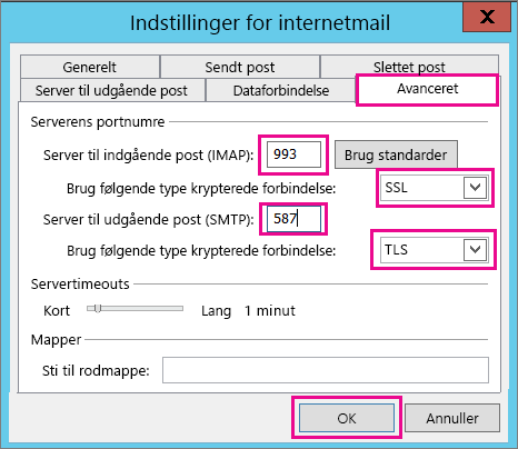 Angiv avancerede mailindstillinger.