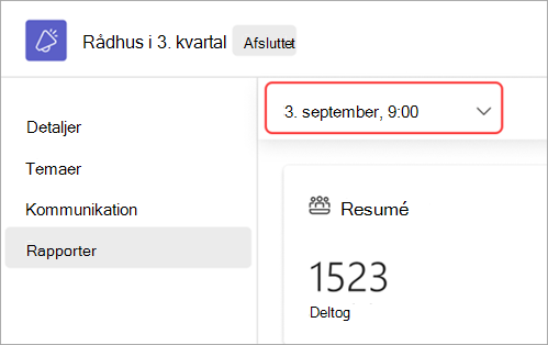 Skærmbillede, der fremhæver brugergrænsefladen til at få vist forsamlingsrapporter for en anden dato