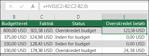 Formel i celle E2 er =HVIS(C2>B2,C2-B2,"")