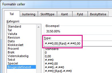 Tilpasse formatering til at vise negative procenter i rødt