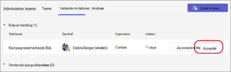 Teams – acceptér en invitation til et delt kanalteam