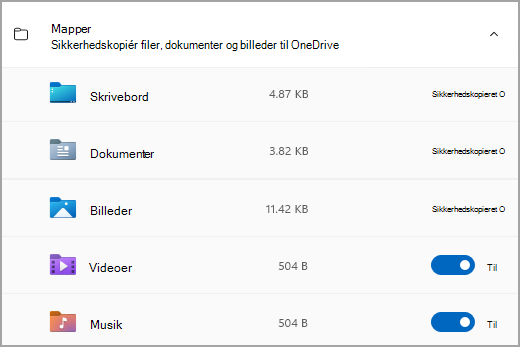 Sektionen Mapper i Windows Sikkerhedskopiering.