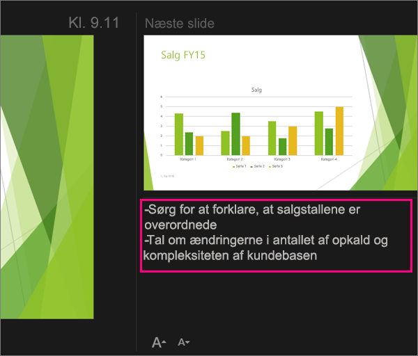 Viser noter i Præsentationsvisning i PowerPoint 2016 til Mac