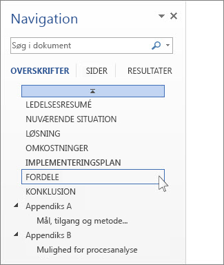 Gennemse dokumentet efter overskrifterne i navigationsruden