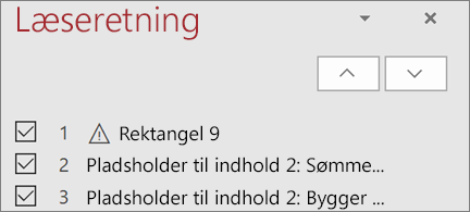 Liste over elementer i læserækkefølgen på en slide med pil op- og pil ned-knapper til at omarrangere dem
