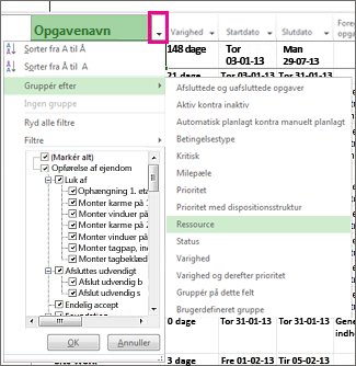 Kolonnemenuen Opgavenavn med Gruppér efter ressourcer valgt