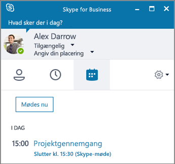 Skærmbillede af Skype for Business vinduet med mødefanen åben.