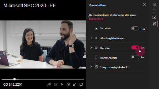 Menuen med videoindstillinger er åben. En til/fra-knap ud for kapitler-feltet angiver, hvor en bruger kan slå kapitler til eller fra.