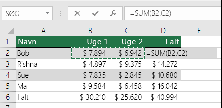 Celle D2 viser Autosum Sum-formlen: =SUM(B2:C2)