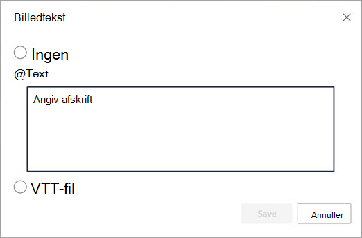 Dialogboksen Billedtekst og afskriftstekst