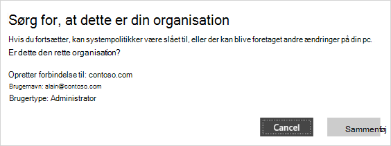 Sørg for, at dette er din organisations bekræftelsesskærm